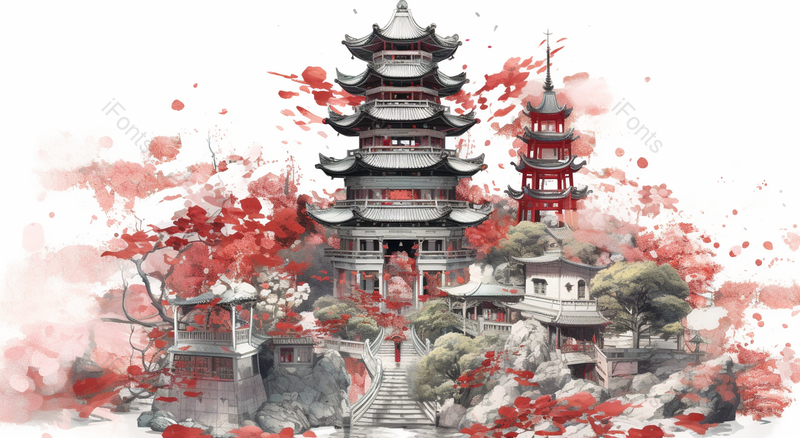 国潮红色泼墨白塔山插画,插画/手绘图,插画/手绘图库,插画/手绘图下载,插画/手绘